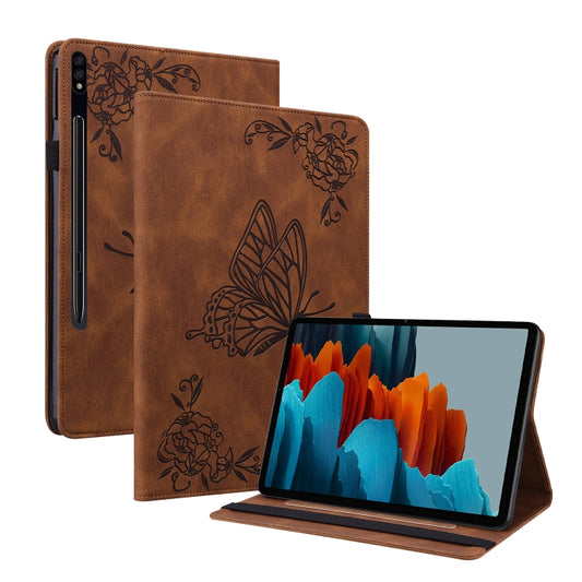 For Samsung Galaxy Tab S9+ Butterfly Flower Embossed Leather Tablet Case(Brown) - Galaxy Tab S9+ Cases by PMC Jewellery | Online Shopping South Africa | PMC Jewellery | Buy Now Pay Later Mobicred