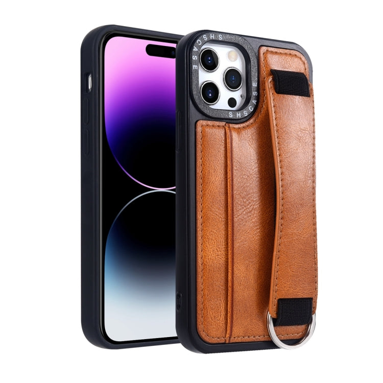 For iPhone 14 Pro Photo Frame Card Wallet Wrist Strap Holder Back Cover Phone Case(Brown) - iPhone 14 Pro Cases by PMC TechLife | Online Shopping South Africa | PMC TechLife
