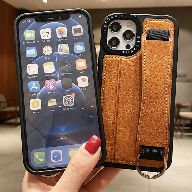 For iPhone 14 Pro Photo Frame Card Wallet Wrist Strap Holder Back Cover Phone Case(Brown) - iPhone 14 Pro Cases by PMC TechLife | Online Shopping South Africa | PMC TechLife