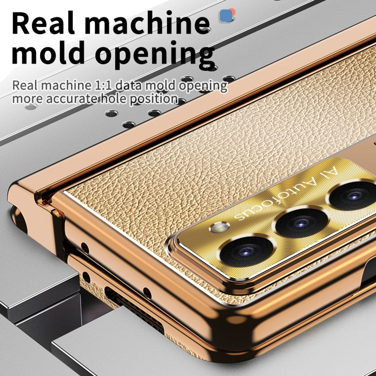 For Samsung Galaxy Z Fold5 Litchi Pattern Magnetic Shell Film Integrated Shockproof Phone Case(Gold) - Galaxy Z Fold5 Cases by PMC TechLife | Online Shopping South Africa | PMC TechLife