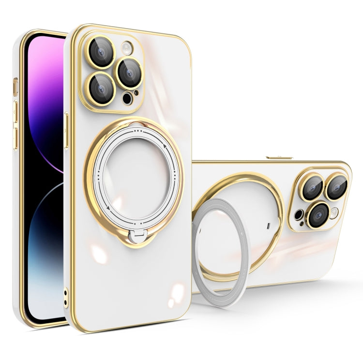 For iPhone 14 Pro Multifunction Electroplating MagSafe Holder Phone Case(White) - iPhone 14 Pro Cases by PMC TechLife | Online Shopping South Africa | PMC TechLife