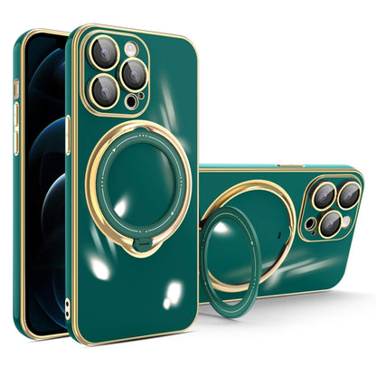 For iPhone 12 Pro Multifunction Electroplating MagSafe Holder Phone Case(Dark Green) - iPhone 12 / 12 Pro Cases by PMC Jewellery | Online Shopping South Africa | PMC Jewellery