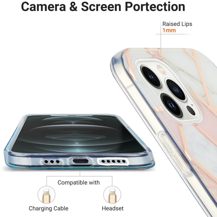 For iPhone 16 Pro Electroplating Splicing Marble Flower Pattern Dual-side IMD TPU Shockproof Phone Case(Pink White) - iPhone 16 Pro Cases by PMC TechLife | Online Shopping South Africa | PMC TechLife | Buy Now Pay Later Mobicred
