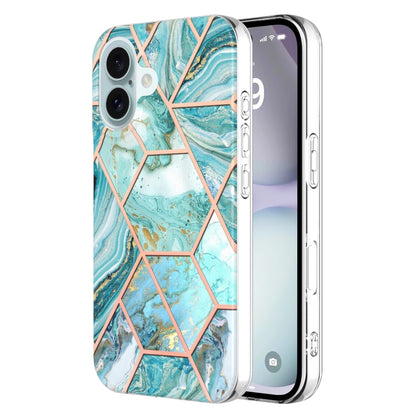 For iPhone 16 Electroplating Splicing Marble Flower Pattern Dual-side IMD TPU Shockproof Phone Case(Green) - iPhone 16 Cases by PMC Jewellery | Online Shopping South Africa | PMC Jewellery | Buy Now Pay Later Mobicred