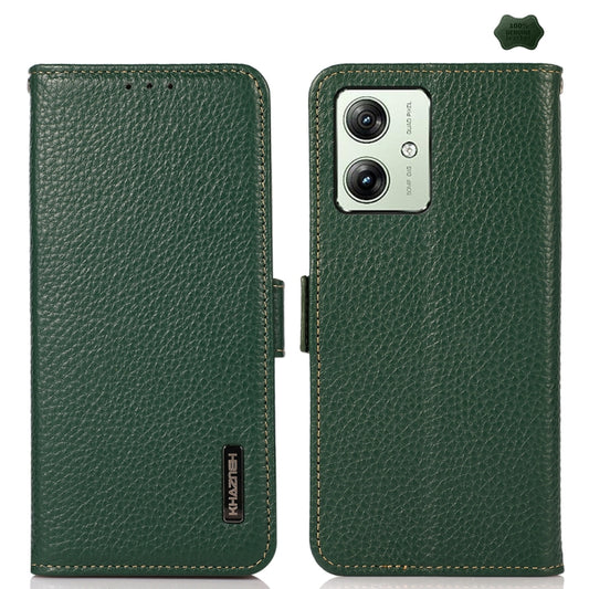 For Motorola Moto G64 5G KHAZNEH Side-Magnetic Litchi Genuine Leather RFID Phone Case(Green) - Motorola Cases by PMC Jewellery | Online Shopping South Africa | PMC Jewellery | Buy Now Pay Later Mobicred