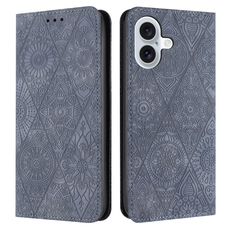 For iPhone 16 Ethnic Embossed Adsorption Leather Phone Case(Grey) - iPhone 16 Cases by PMC TechLife | Online Shopping South Africa | PMC TechLife | Buy Now Pay Later Mobicred