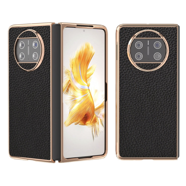 For Huawei Mate X3 Electroplating Genuine Leather Litchi Texture Phone Case(Black) - Huawei Cases by PMC TechLife | Online Shopping South Africa | PMC TechLife | Buy Now Pay Later Mobicred