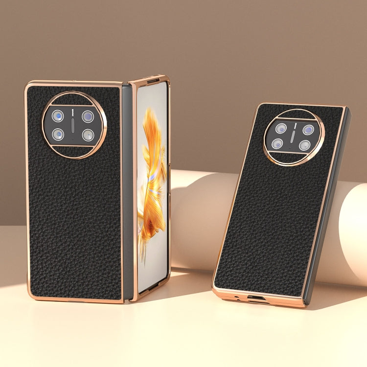 For Huawei Mate X3 Electroplating Genuine Leather Litchi Texture Phone Case(Black) - Huawei Cases by PMC TechLife | Online Shopping South Africa | PMC TechLife | Buy Now Pay Later Mobicred