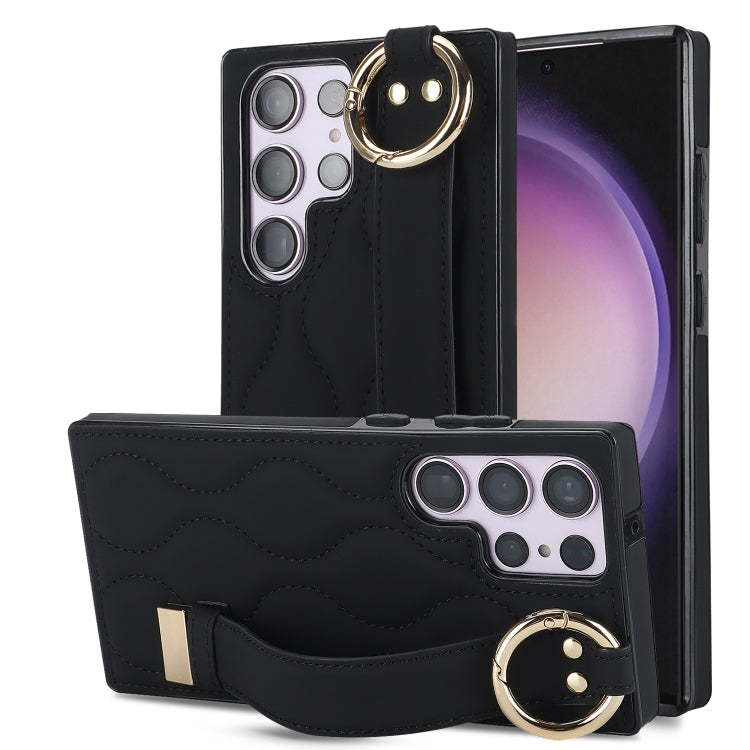 For Samsung Galaxy S23 Ultra Non-slip Full Coverage Ring PU Phone Case with Wristband(Black) - Galaxy S23 Ultra 5G Cases by PMC TechLife | Online Shopping South Africa | PMC TechLife
