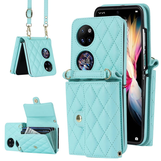 For Huawei P50 Pocket Rhombic Texture Card Bag PU Phone Case with Long Lanyard(Mint Green) - Huawei Cases by PMC Jewellery | Online Shopping South Africa | PMC Jewellery | Buy Now Pay Later Mobicred