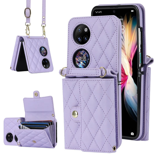 For Huawei P50 Pocket Rhombic Texture Card Bag PU Phone Case with Long Lanyard(Purple) - Huawei Cases by PMC Jewellery | Online Shopping South Africa | PMC Jewellery | Buy Now Pay Later Mobicred