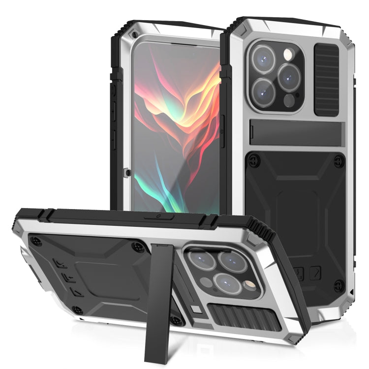 For iPhone 15 Pro R-JUST Shockproof Life Waterproof Dust-proof Metal + Silicone Phone Case with Holder(Silver) - iPhone 15 Pro Cases by R-JUST | Online Shopping South Africa | PMC TechLife