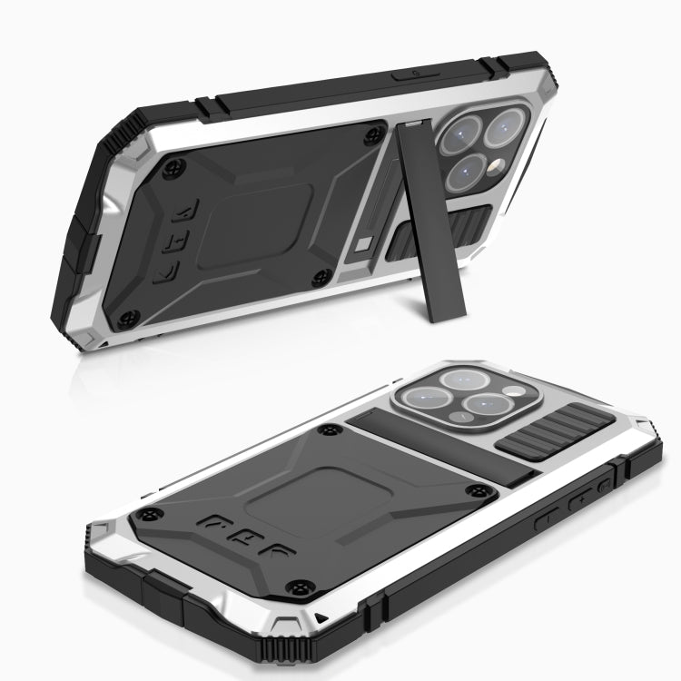 For iPhone 15 Pro R-JUST Shockproof Life Waterproof Dust-proof Metal + Silicone Phone Case with Holder(Silver) - iPhone 15 Pro Cases by R-JUST | Online Shopping South Africa | PMC TechLife