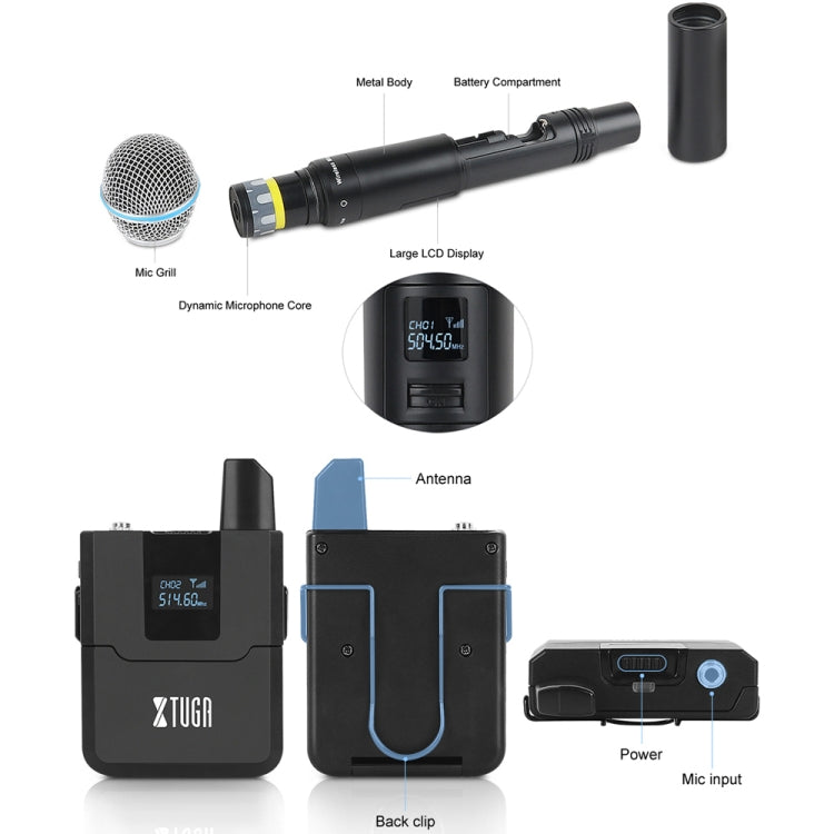 XTUGA A140-B Wireless Microphone System 4 BodyPack Headset Lavalier Microphone(US Plug) - Microphone by XTUGA | Online Shopping South Africa | PMC Jewellery | Buy Now Pay Later Mobicred