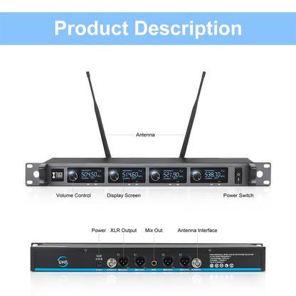 XTUGA A140-H Wireless Microphone System 4 Channel UHF Handheld Microphone(US Plug) - Microphone by XTUGA | Online Shopping South Africa | PMC Jewellery | Buy Now Pay Later Mobicred