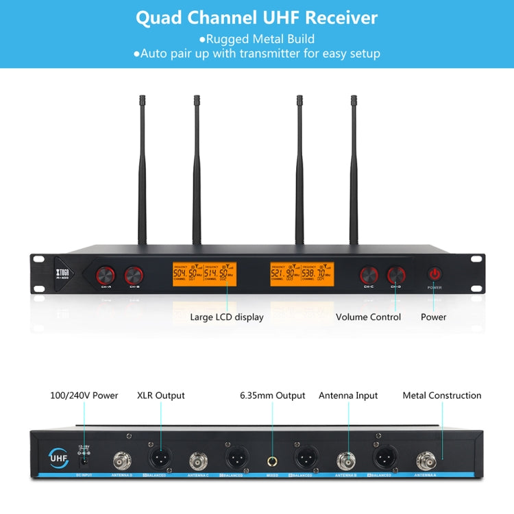 XTUGA A400-HB Professional 4-Channel UHF Wireless Microphone System with 2 Handheld & 2 Headset Microphone(US Plug) - Microphone by XTUGA | Online Shopping South Africa | PMC Jewellery | Buy Now Pay Later Mobicred