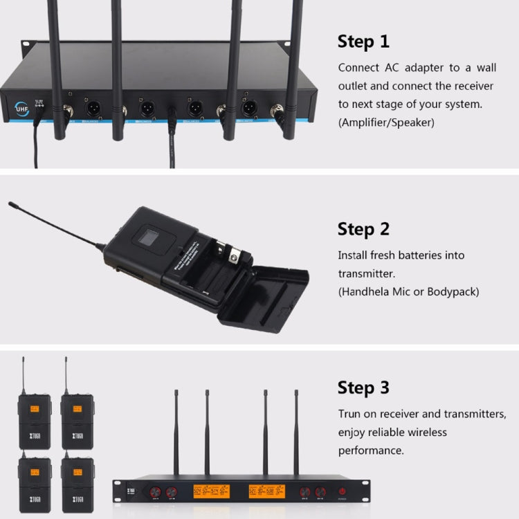 XTUGA A400-B Professional 4-Channel UHF Wireless Microphone System with 4 BodyPack Lavalier Headset Microphone(AU Plug) - Microphone by XTUGA | Online Shopping South Africa | PMC Jewellery | Buy Now Pay Later Mobicred