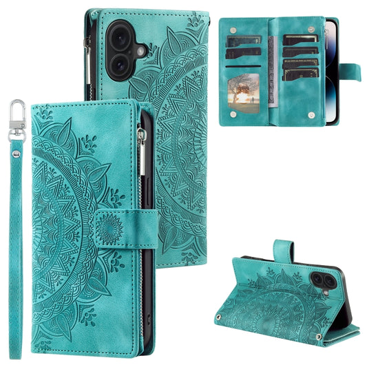 For iPhone 16 Multi-Card Totem Zipper Leather Phone Case(Green) - iPhone 16 Cases by PMC Jewellery | Online Shopping South Africa | PMC Jewellery | Buy Now Pay Later Mobicred