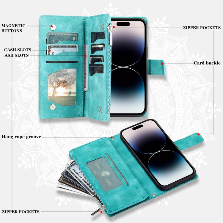 For iPhone 16 Multi-Card Totem Zipper Leather Phone Case(Green) - iPhone 16 Cases by PMC TechLife | Online Shopping South Africa | PMC TechLife | Buy Now Pay Later Mobicred