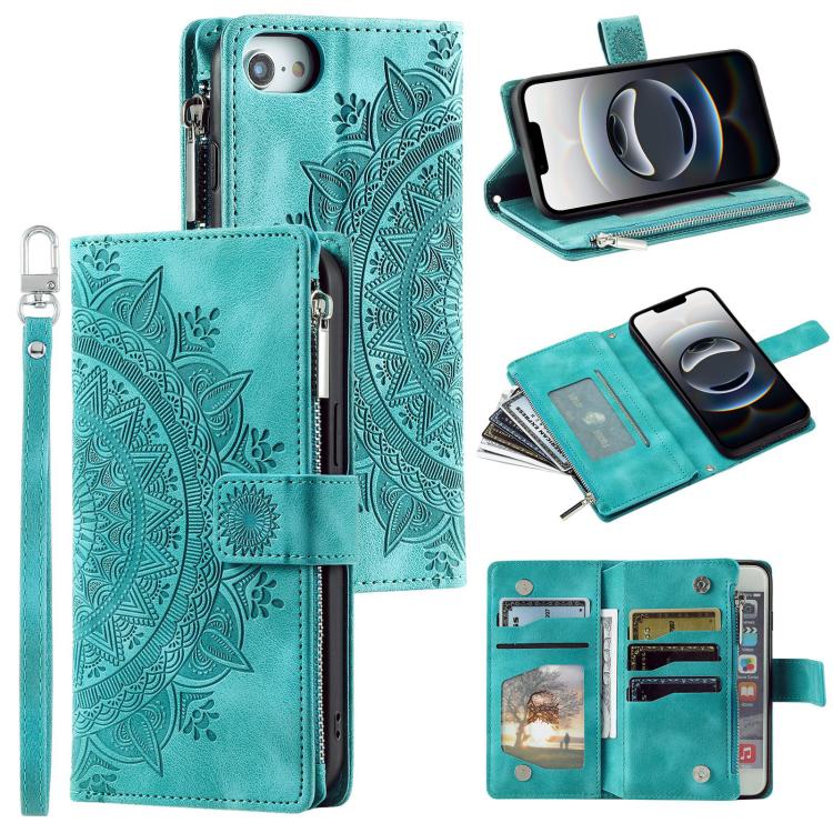 For iPhone 16e Multi-Card Totem Zipper Leather Phone Case(Green) - iPhone 16e Cases by PMC TechLife | Online Shopping South Africa | PMC TechLife | Buy Now Pay Later Mobicred