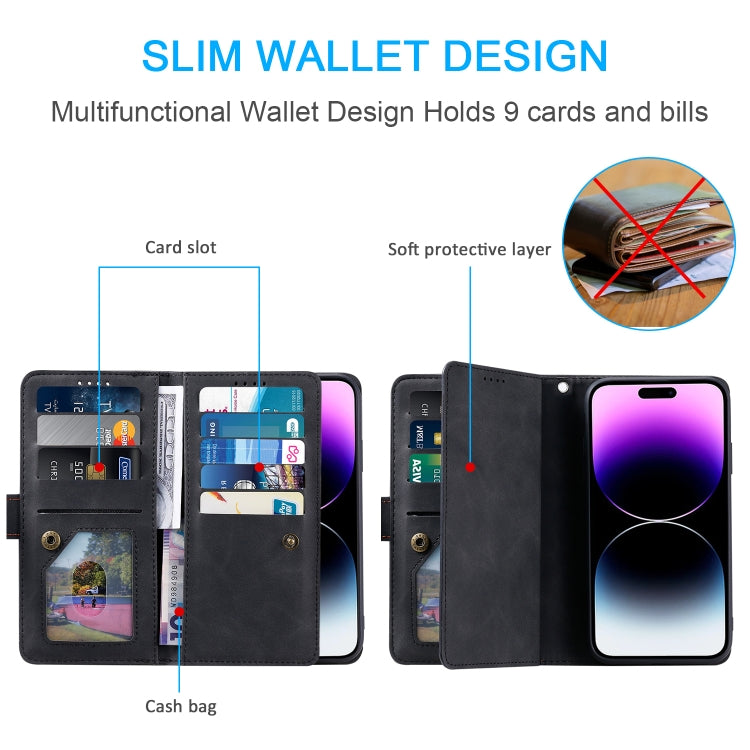 For iPhone 16 Pro Max Nine Card Zipper Bag Leather Phone Case with Lanyard(Black) - iPhone 16 Pro Max Cases by PMC TechLife | Online Shopping South Africa | PMC TechLife | Buy Now Pay Later Mobicred