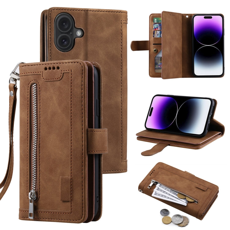 For iPhone 16 Nine Card Zipper Bag Leather Phone Case with Lanyard(Brown) - iPhone 16 Cases by PMC Jewellery | Online Shopping South Africa | PMC Jewellery | Buy Now Pay Later Mobicred