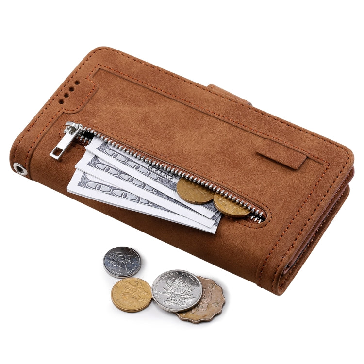 For iPhone 16 Nine Card Zipper Bag Leather Phone Case with Lanyard(Brown) - iPhone 16 Cases by PMC TechLife | Online Shopping South Africa | PMC TechLife | Buy Now Pay Later Mobicred