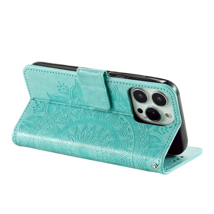 For iPhone 16 Pro Totem Flower Embossed Leather Phone Case(Green) - iPhone 16 Pro Cases by PMC Jewellery | Online Shopping South Africa | PMC Jewellery | Buy Now Pay Later Mobicred