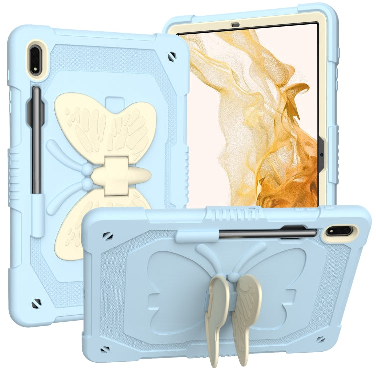 For Samsung Galaxy Tab S9+ Butterfly Kickstand Heavy Duty Hard Rugged Tablet Case(Beige+Ice Blue) - Galaxy Tab S9+ Cases by PMC Jewellery | Online Shopping South Africa | PMC Jewellery | Buy Now Pay Later Mobicred