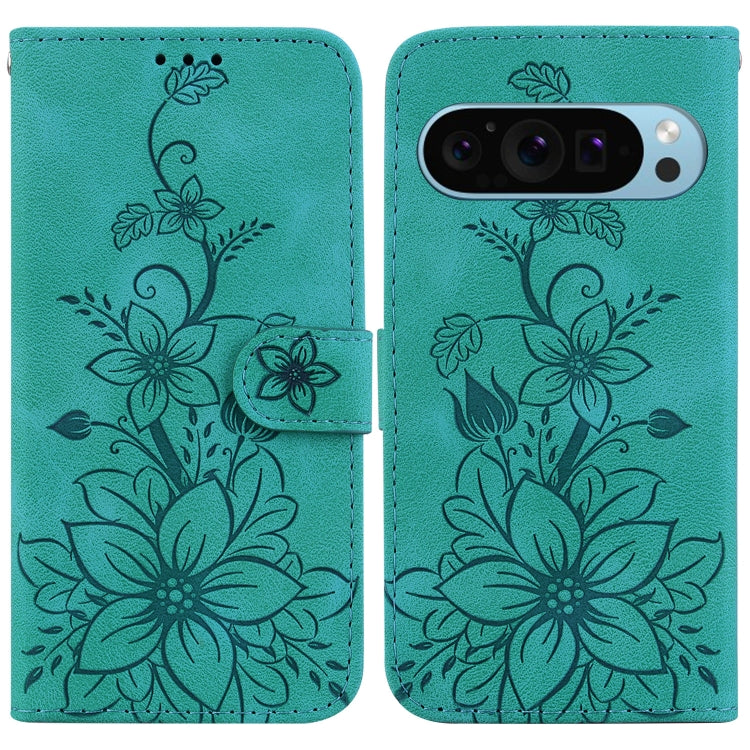 For Google Pixel 9 Pro Lily Embossed Leather Phone Case(Green) - Google Cases by PMC TechLife | Online Shopping South Africa | PMC TechLife | Buy Now Pay Later Mobicred
