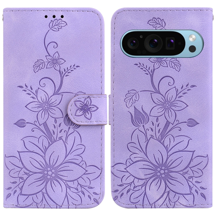 For Google Pixel 9 Pro Lily Embossed Leather Phone Case(Purple) - Google Cases by PMC TechLife | Online Shopping South Africa | PMC TechLife | Buy Now Pay Later Mobicred