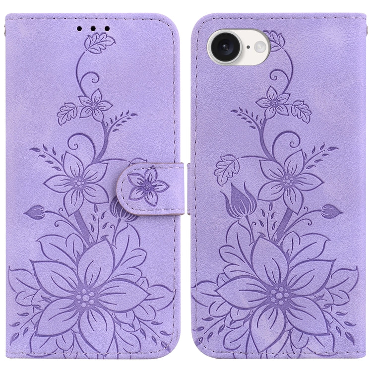 For iPhone 16e Lily Embossed Leather Phone Case(Purple) - iPhone 16e Cases by PMC TechLife | Online Shopping South Africa | PMC TechLife | Buy Now Pay Later Mobicred