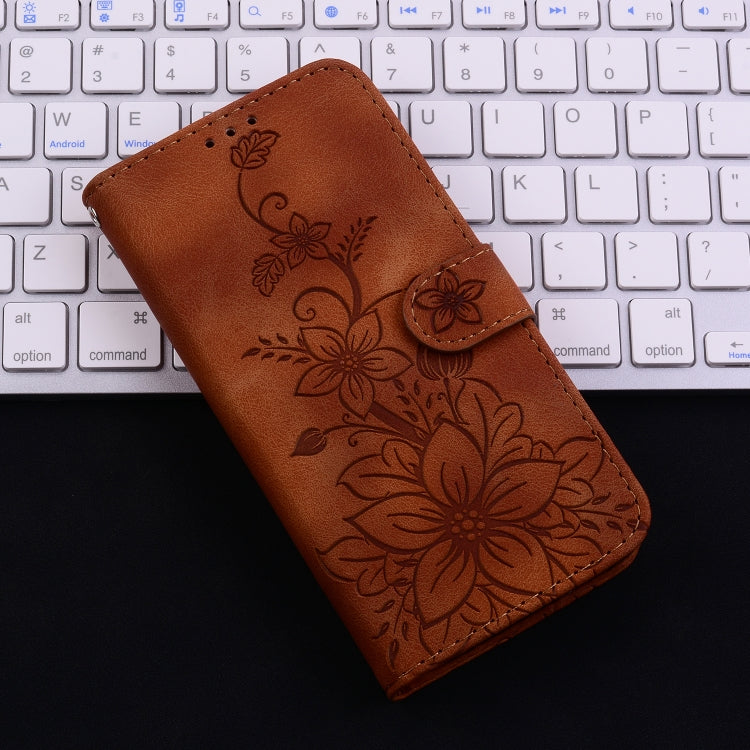 For iPhone 16e Lily Embossed Leather Phone Case(Brown) - iPhone 16e Cases by PMC TechLife | Online Shopping South Africa | PMC TechLife | Buy Now Pay Later Mobicred