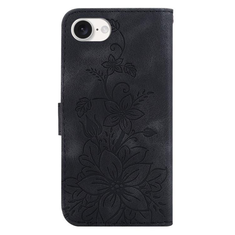 For iPhone 16e Lily Embossed Leather Phone Case(Black) - iPhone 16e Cases by PMC TechLife | Online Shopping South Africa | PMC TechLife | Buy Now Pay Later Mobicred
