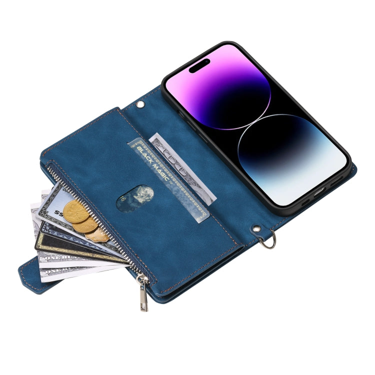 For iPhone 16 Pro Max Grid Texture Zipper Leather Phone Case with Lanyard(Blue) - iPhone 16 Pro Max Cases by PMC Jewellery | Online Shopping South Africa | PMC Jewellery | Buy Now Pay Later Mobicred