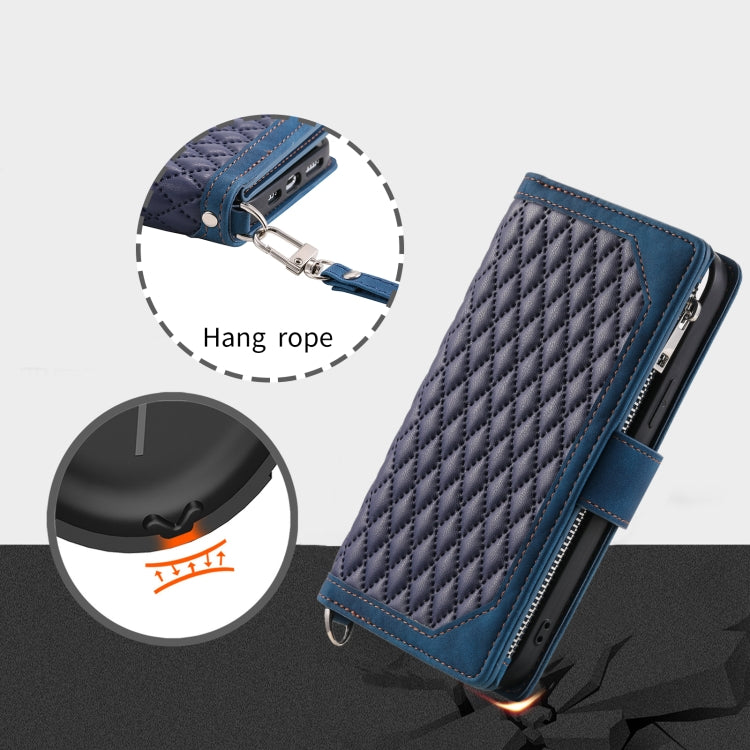 For iPhone 16 Pro Max Grid Texture Zipper Leather Phone Case with Lanyard(Blue) - iPhone 16 Pro Max Cases by PMC TechLife | Online Shopping South Africa | PMC TechLife | Buy Now Pay Later Mobicred