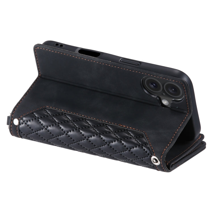 For iPhone 16 Plus Grid Texture Zipper Leather Phone Case with Lanyard(Black) - iPhone 16 Plus Cases by PMC TechLife | Online Shopping South Africa | PMC TechLife | Buy Now Pay Later Mobicred
