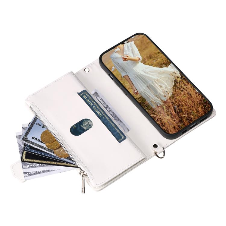 For iPhone 16e Grid Texture Zipper Leather Phone Case with Lanyard(White) - iPhone 16e Cases by PMC TechLife | Online Shopping South Africa | PMC TechLife | Buy Now Pay Later Mobicred