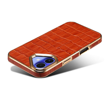 For iPhone 16 Plus Denior Crocodile Texture Genuine Leather Electroplating Phone Case(Mocha Brown) - More iPhone Cases by Denior | Online Shopping South Africa | PMC Jewellery | Buy Now Pay Later Mobicred