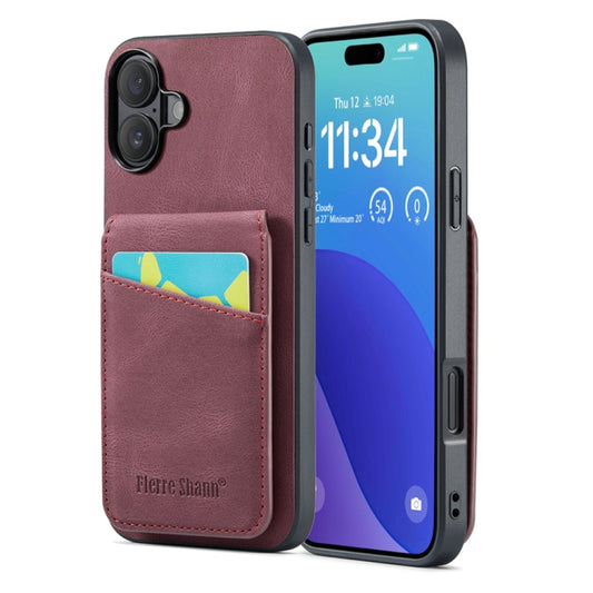 For iPhone 16 Plus Fierre Shann Crazy Horse Card Holder Back Cover PU Phone Case(Wine Red) - iPhone 16 Plus Cases by FIERRE SHANN | Online Shopping South Africa | PMC Jewellery | Buy Now Pay Later Mobicred