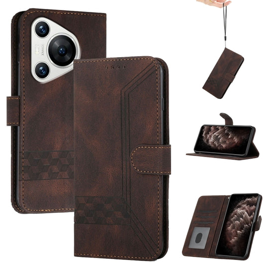 For Huawei Pura 70 Cubic Skin Feel Flip Leather Phone Case(Brown) - Huawei Cases by PMC Jewellery | Online Shopping South Africa | PMC Jewellery | Buy Now Pay Later Mobicred