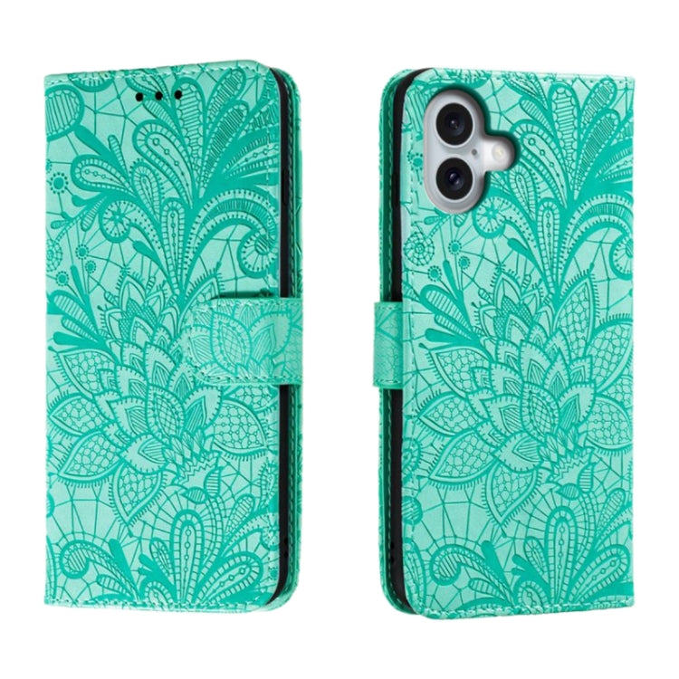 For iPhone 16 Plus Lace Flower Embossing Flip Leather Phone Case(Green) - free shipping - PMC TechLife - Order now!