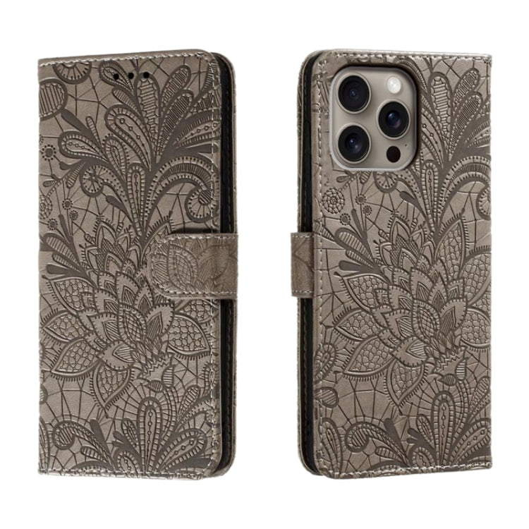 For iPhone 16 Pro Max Lace Flower Embossing Flip Leather Phone Case(Grey) - iPhone 16 Pro Max Cases by PMC TechLife | Online Shopping South Africa | PMC TechLife | Buy Now Pay Later Mobicred