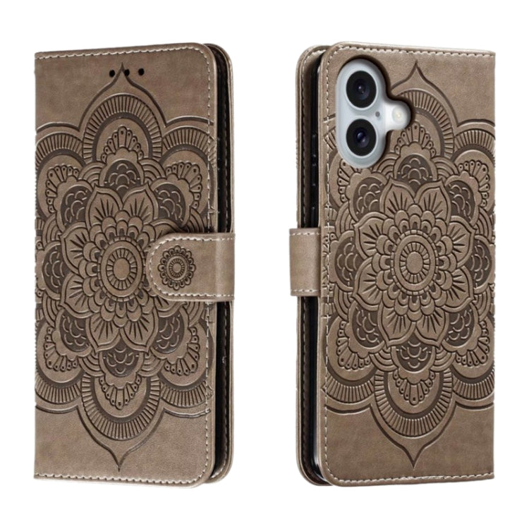 For iPhone 16 Mandala Embossing Pattern Horizontal Flip Leather Phone Case(Gray) - iPhone 16 Cases by PMC Jewellery | Online Shopping South Africa | PMC Jewellery | Buy Now Pay Later Mobicred