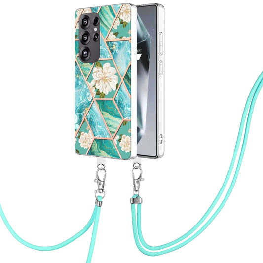 For Samsung Galaxy S25 Ultra 5G Electroplating Splicing Marble Flower IMD TPU Phone Case with Lanyard(Blue Flower) - Galaxy S25 Ultra 5G Cases by PMC Jewellery | Online Shopping South Africa | PMC Jewellery | Buy Now Pay Later Mobicred