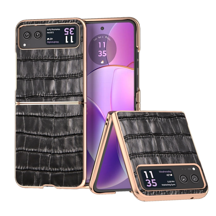 For Motorola Razr 40 Crocodile Texture Genuine Leather Electroplating Phone Case(Black) - Motorola Cases by PMC TechLife | Online Shopping South Africa | PMC TechLife | Buy Now Pay Later Mobicred
