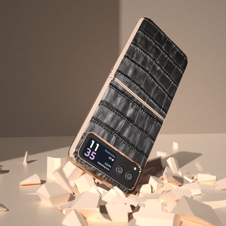 For Motorola Razr 40 Crocodile Texture Genuine Leather Electroplating Phone Case(Black) - Motorola Cases by PMC TechLife | Online Shopping South Africa | PMC TechLife | Buy Now Pay Later Mobicred