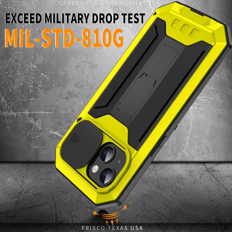 For iPhone 15 Plus R-JUST Sliding Camera IP54 Life Waterproof Holder Phone Case(Yellow) - iPhone 15 Plus Cases by R-JUST | Online Shopping South Africa | PMC TechLife | Buy Now Pay Later Mobicred