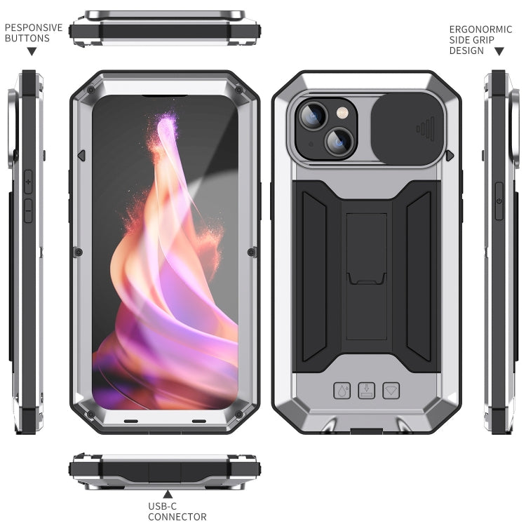 For iPhone 15 R-JUST Sliding Camera IP54 Life Waterproof Holder Phone Case(Silver) - iPhone 15 Cases by R-JUST | Online Shopping South Africa | PMC TechLife | Buy Now Pay Later Mobicred