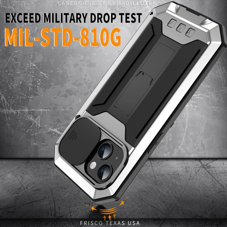 For iPhone 15 R-JUST Sliding Camera IP54 Life Waterproof Holder Phone Case(Silver) - iPhone 15 Cases by R-JUST | Online Shopping South Africa | PMC TechLife | Buy Now Pay Later Mobicred